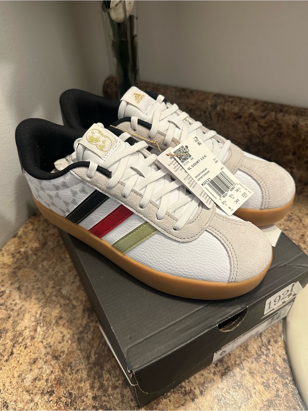 adidas Men’s White Sneakers with Black, Red & Olive Stripes